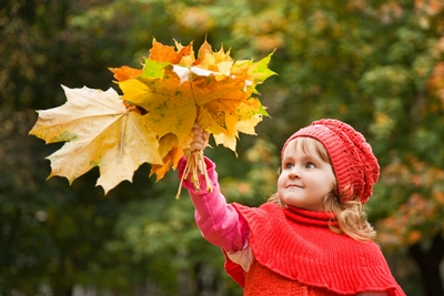 Young Girl Holding a Bouquet of Fall Leaves