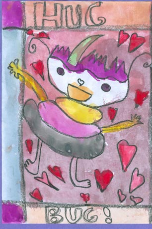 Here is a painting by Micayla, also from Savona Elementary School. Her Hug Bug is called 'Loops' and she loves to eat 'Froot Loops.'