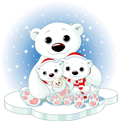 Family of polar bears in the snow