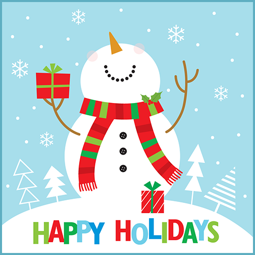 Happy Holidays - Smiling Snowman with Red Scarf Holding Present