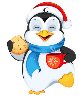 Smiling Penguin wearing Red Hat with Chocolate Chip Cookie and Cup of Cocoa [Image © Adobe Stock]