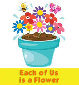 Flower Pot with Colorful Flowers and a Happy Bee Fluttering Around