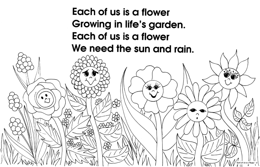 Illustrated page with flowers and a verse from 'Each of Us is a Flower' to color or print
